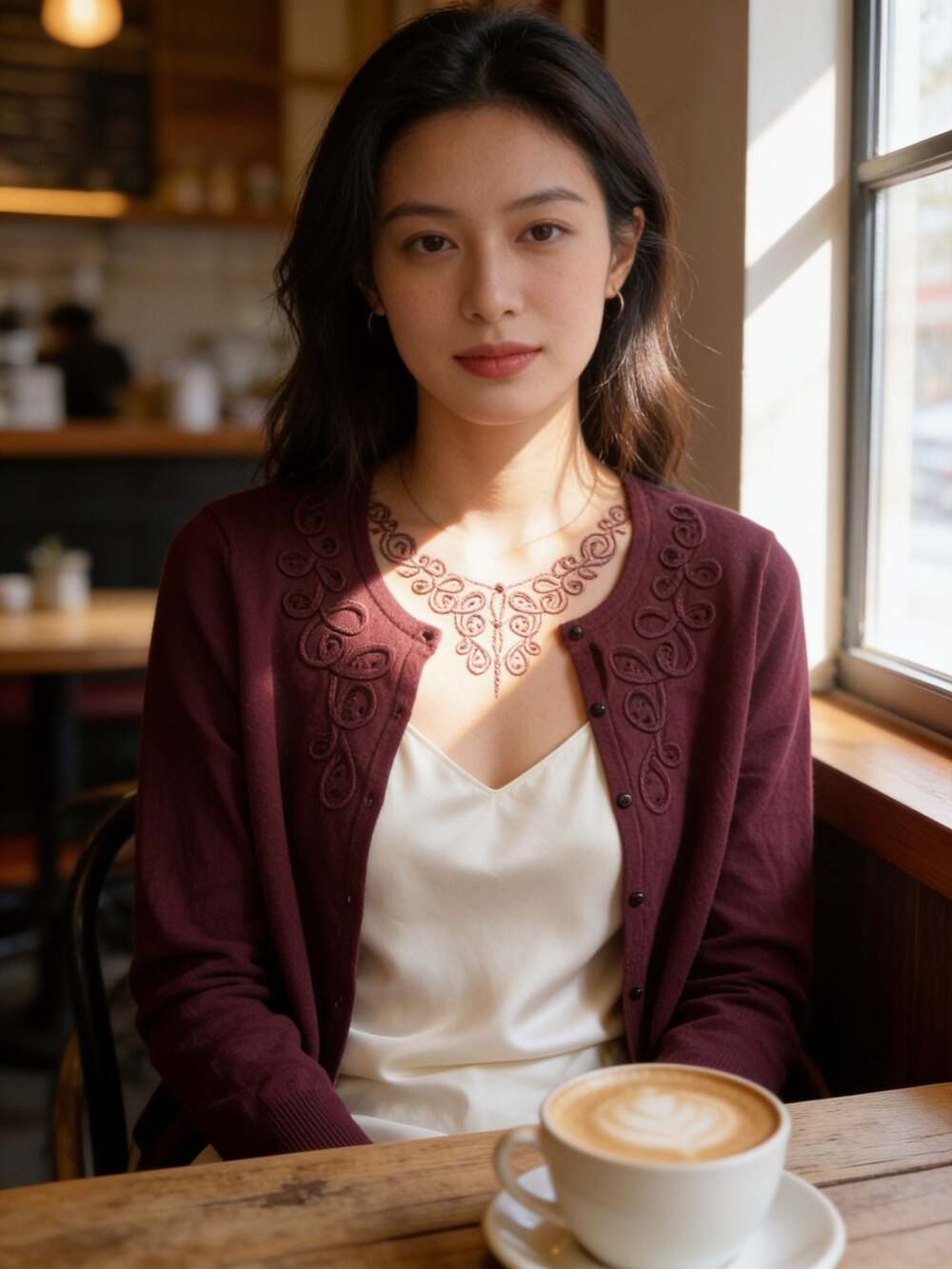 Croft & Barrow Women's Maroon Cardigan Sweater with Cording & Bead Embellishment